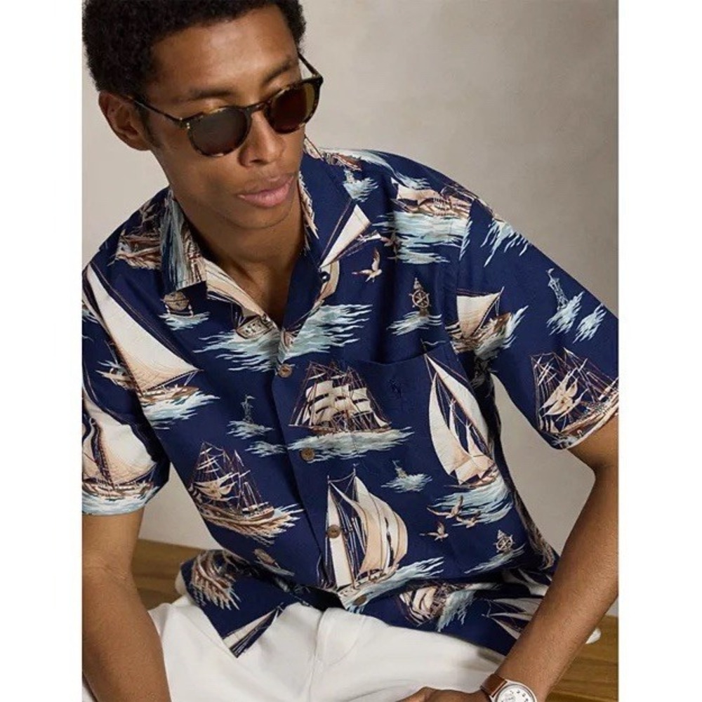Polo Ralph Lauren Mens Classic Fit Nautical Sailboat Anchor Navy Camp Shirt XS